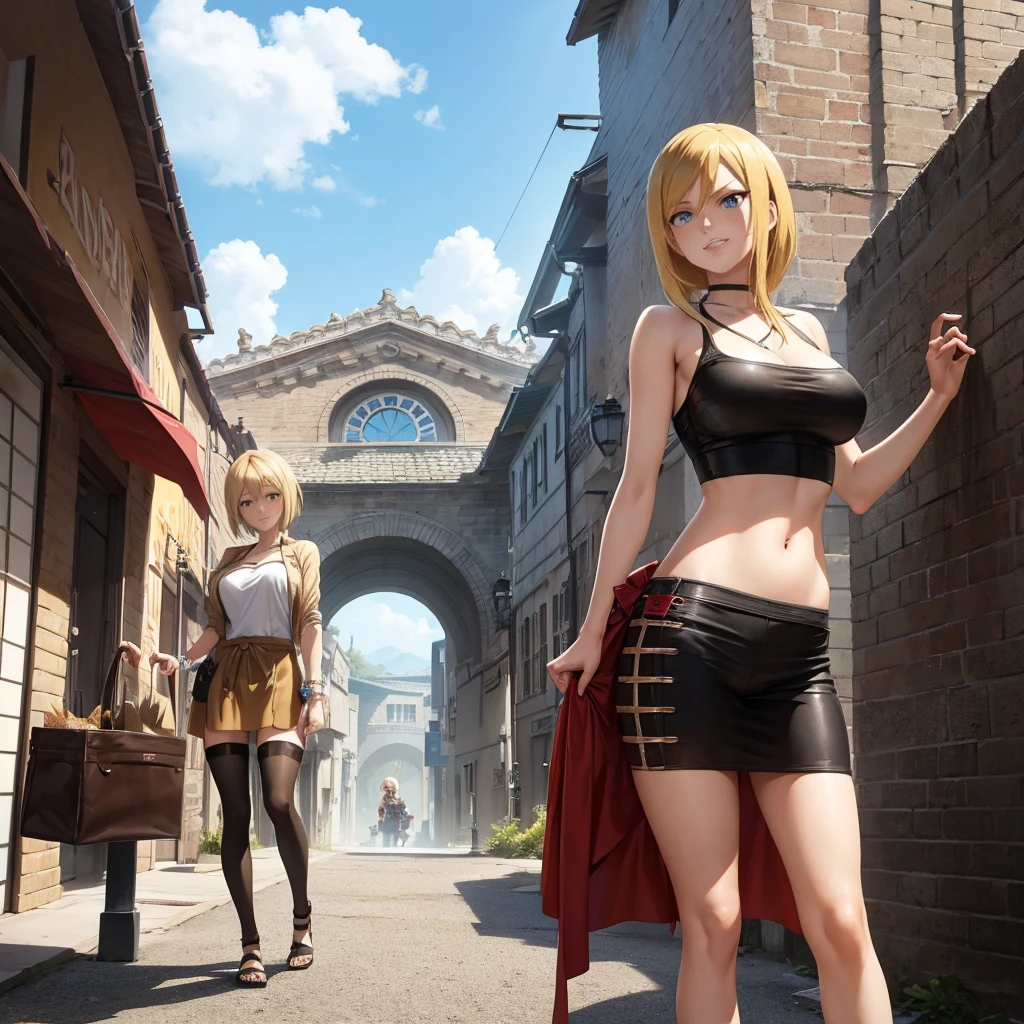 Your influencer character(milf with blond hair) standing next to Mikasa Ackerman from Attack on Titan. Both are smiling. Detailed anime style with vibrant colors and dynamic perspective.