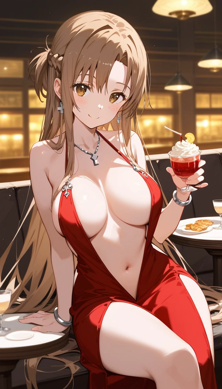 score_9,score_8_up,score_7_up,18 year old,1girl,asuna \(sao-alo\), sword art online,yuuki asuna,solo, brown eyes, brown hair, long hair, bangs, braid,sitting,legs apart, holding cup,seductive-smile,blush,large breasts,brown hair,parted hair,long hair,red dress,halter dress,plunging neckline,center opening,cleavage,navel,earrings,bracelet,restaurant,