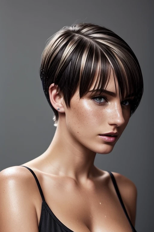 Gorgeous european woman with very short hair, short hair with fringe, wet hair, hair slicked back, combed straight back, slick hair, streaked blonde hair, Emma Hix in a tight wet pen blouse, cleavage, freckles, solid dark grey background