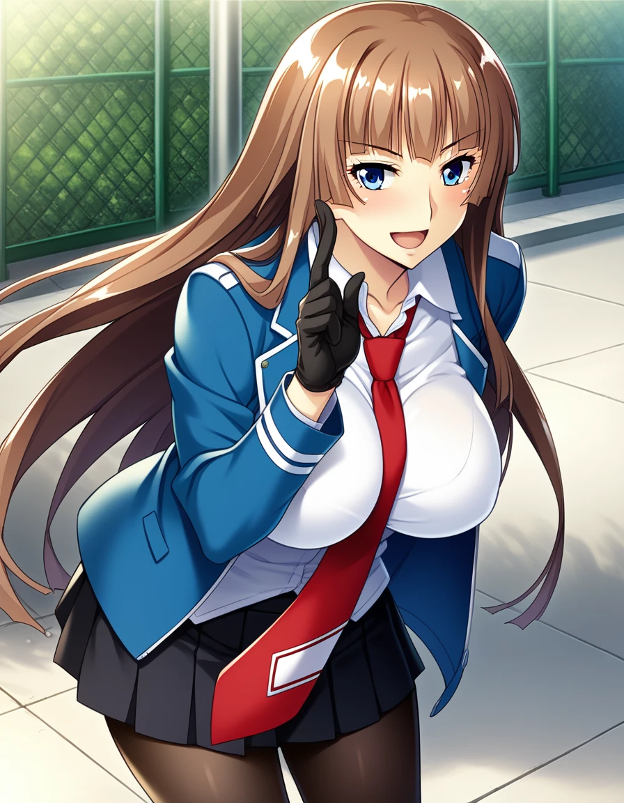 score_9, score_8_up, score_7_up, score_6_up, best quality, source_anime, game cg, beautiful eyes, (aoi nagisa:1.1), BREAK solo, 1girl, koukawa asuka, brown hair, long hair, blue eyes, bangs, (huge breasts:0.8), medium body, BREAK (blue jacket:1.1), black gloves, collared white blouse, red tie, black skirt, knee length pleated skirt, black pantyhose, shiny skin, BREAK smile, blush, open mouth, standing, outside, street,