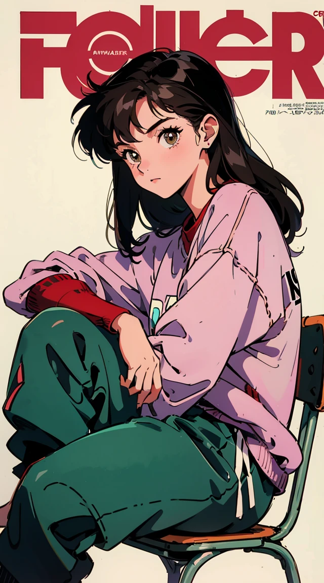 Best image quality, 1980s style animation, 21 year old girl, black hair, long hair, light brown eyes, With a baggy sweatshirt with an otter on it, white background, magazine cover, whole body , sit on a chair , posing