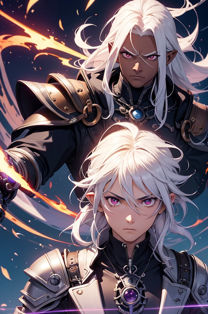 ((best quality)), ((masterpiece)), (detailed), ((boy)), ((mechanical armor)), (steampunk), (serious), dark skinned, human, upper body, portrait, red eyes, long white hair, Xemnas from Kingdom Hearts, half-drow, pointy ears, serious face, dramatic lighting, purple hue, art by Kinema Citrus and Tetsuya Nomura
