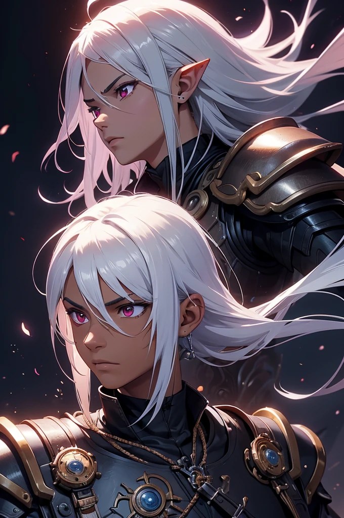 ((best quality)), ((masterpiece)), (detailed), ((boy)), ((mechanical armor)), (steampunk), (serious), dark skinned, human, upper body, portrait, red eyes, long white hair, Xemnas from Kingdom Hearts, half-drow, pointy ears, serious face, dramatic lighting, purple hue, art by Kinema Citrus and Tetsuya Nomura