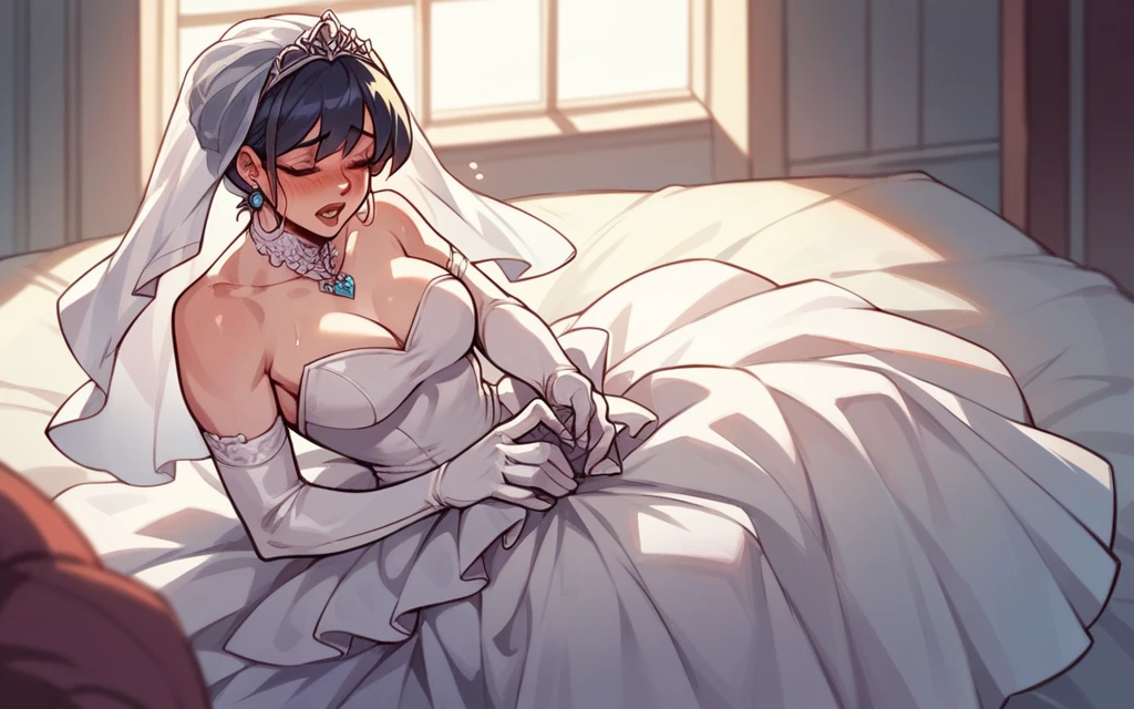 Woman in wedding dress secretly masturbating