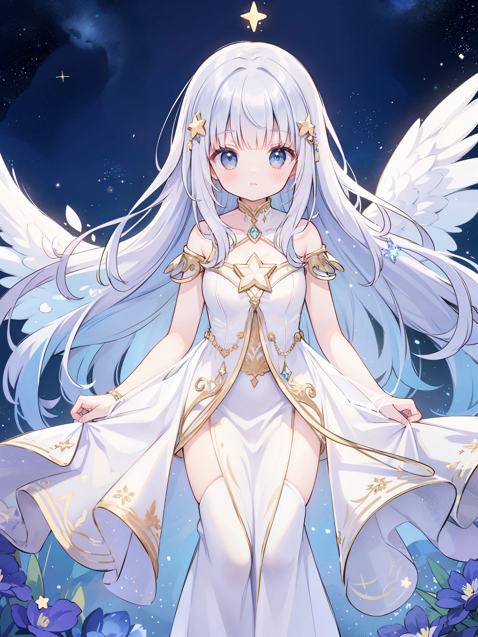 complex background, wishing star background, a woman wearing an ethereal magical dress that reflects the stars, dreamy, peaceful, serene composition, glowing stars, glowing, mystic, complex drawing, highly detailed, ethereal, starry night, midjourney style