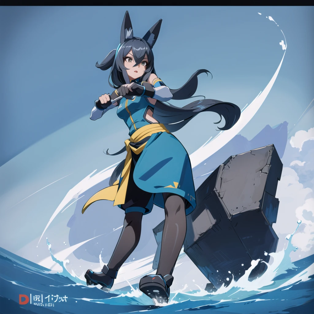Dwarf, , pygmy, slender, , slanted eyes, chestnut-like mouth, flushed cheeks, short messy blue hair, amber eyes, dark skin, sunburn marks, sports bra, spats, gloves, short boots, bandages on chest, belt, choker, white fur hood