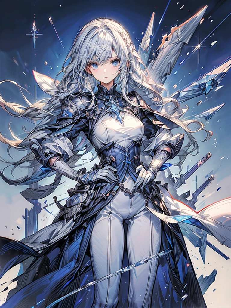 One beautiful woman、whole body、Standing posture、front、Transparent light blue hair、crystalのように輝く髪、Blue eyes that shine like jewels、Combat Uniform、Have a weapon、Slender、Slender、Highest quality、Super detailed、masterpiece、crystal、Ice and snow effect