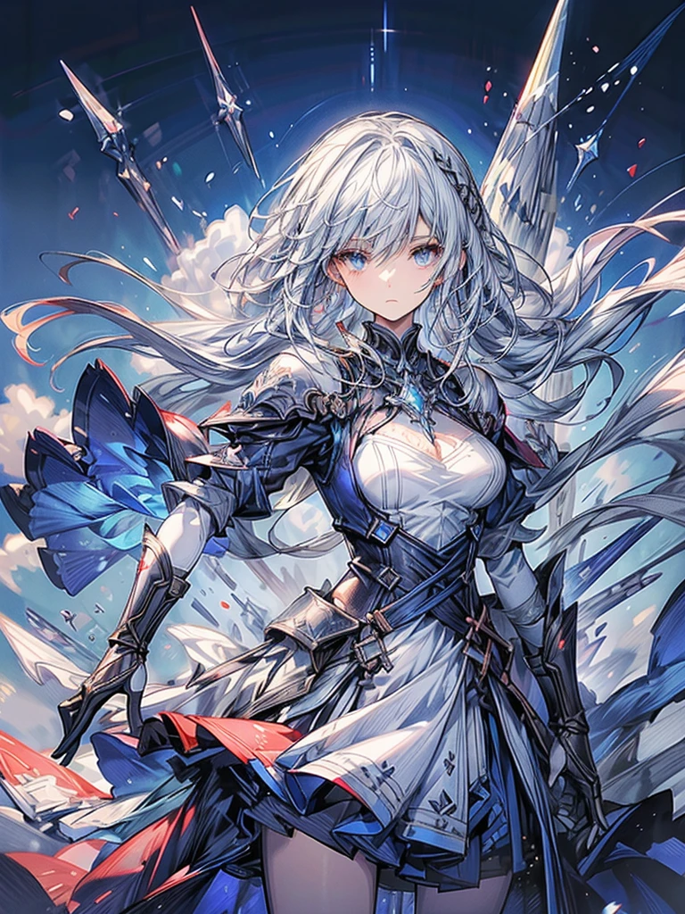 One beautiful woman、whole body、Standing posture、front、Transparent light blue hair、crystalのように輝く髪、Blue eyes that shine like jewels、Combat Uniform、Have a weapon、Slender、Slender、Highest quality、Super detailed、masterpiece、crystal、Ice and snow effect