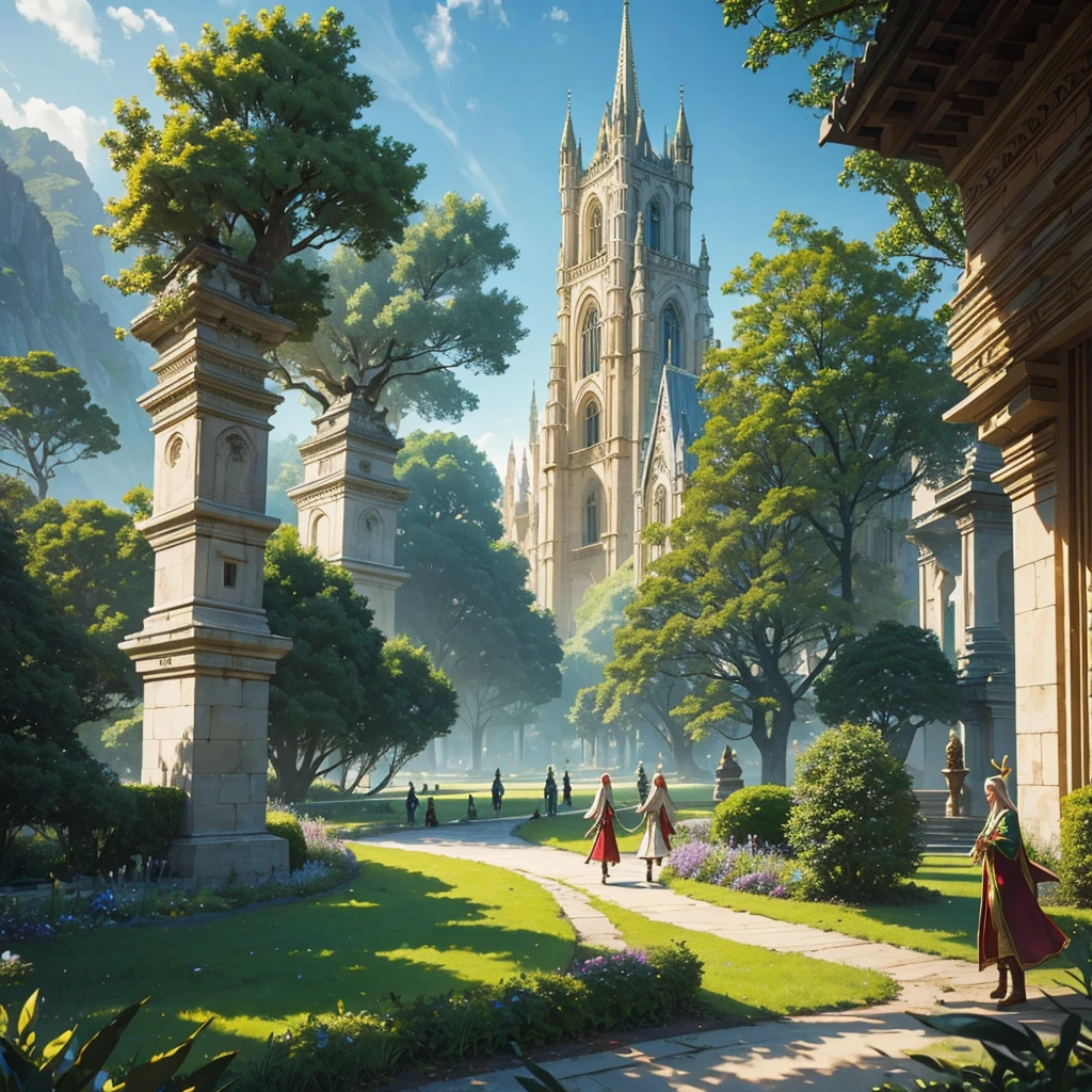 Wide shot of the Elven kingdom. Background: Majestic architecture with tall, elegant spires. Surrounding the buildings are lush forests and vibrant gardens. The air is filled with a magical aura.
Details: Some elves are seen walking around, engaging in daily activities.