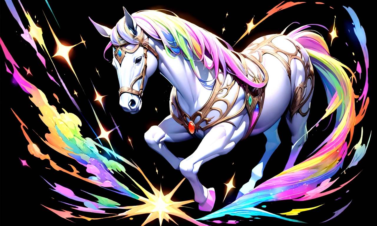 Colorful horse painting isolated on black background, Breathtaking Rendering, In a shining connection, Inspired by Kinuko Y. Crafting,, Magical Elements, oh, Is beautiful, Cast a variety of spells, bright flash, flash