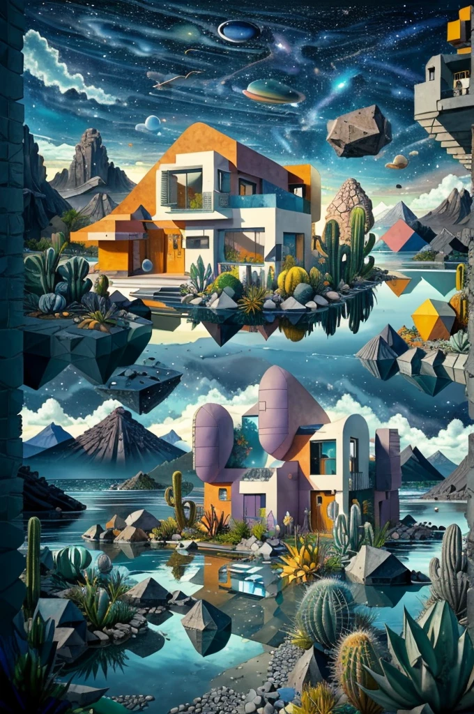 An illustration, collage style, David Hockney visual style, (((Luis Barragán's architectural style houses in middle of a lake))), big boulders, little cascade, mountains, volcanos, volcanic landscape, pool, stairs, beautiful gardens, abundant vegetation, cacti, agave, big clouds, sunset. Magazine cover, serif tipography, editorial design, masterpiece, An illustration in collage style, con rocas gigantes, Brutalist construction sections, escaleras, cactus, agave, textura de concreto, Multiple geometric shapes, hatch and cross hatching, planeta Saturno. ((masterpiece, best quality)),illustration,ultra detailed 8k. (((An illustration of a build designed by Luis Barragán))), with a desertic vegetation garden, (big rocks), ((cacti)), lake, volcano in horizon, smooth clouds, (((illustration collage format))), ((Escher's art style)), (((multiple sections))), (violet, blue, olive green, grey, black and white), hard shadows, (((geometric sculptures))), concrete sculptures, high contrast, dramatic, cinematographic, ((milky way galaxy)), intricate, intricate details, sharp focus,landscape