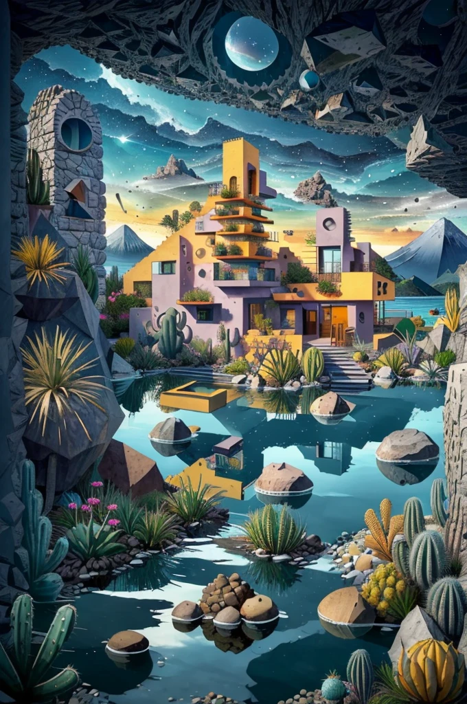 An illustration, collage style, David Hockney visual style, (((Luis Barragán's architectural style houses in middle of a lake))), big boulders, little cascade, mountains, volcanos, volcanic landscape, pool, stairs, beautiful gardens, abundant vegetation, cacti, agave, big clouds, sunset. Magazine cover, serif tipography, editorial design, masterpiece, An illustration in collage style, con rocas gigantes, Brutalist construction sections, escaleras, cactus, agave, textura de concreto, Multiple geometric shapes, hatch and cross hatching, planeta Saturno. ((masterpiece, best quality)),illustration,ultra detailed 8k. (((An illustration of a build designed by Luis Barragán))), with a desertic vegetation garden, (big rocks), ((cacti)), lake, volcano in horizon, smooth clouds, (((illustration collage format))), ((Escher's art style)), (((multiple sections))), (violet, blue, olive green, grey, black and white), hard shadows, (((geometric sculptures))), concrete sculptures, high contrast, dramatic, cinematographic, ((milky way galaxy)), intricate, intricate details, sharp focus,landscape