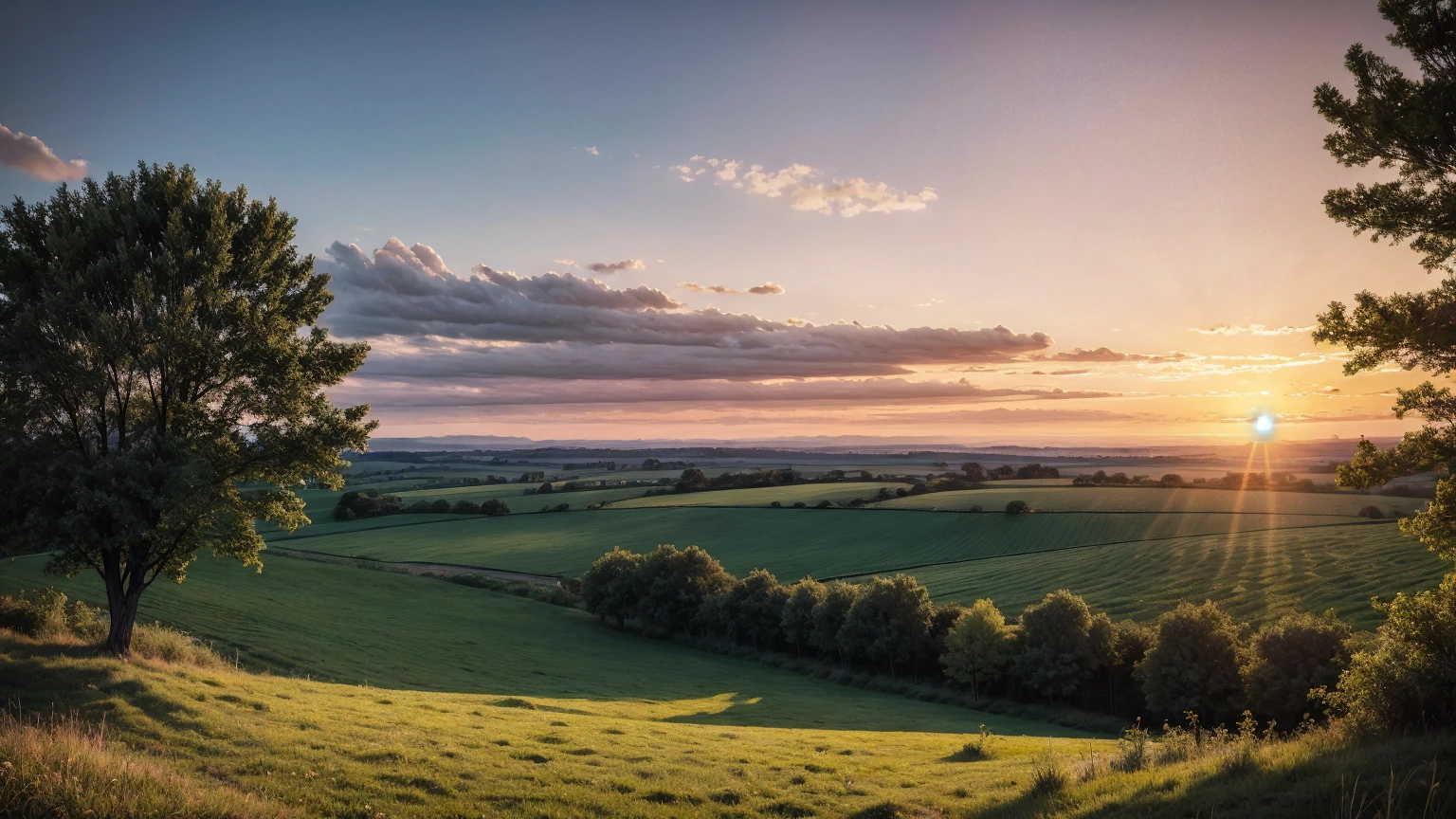countryside, sunset, plain, trees, realist