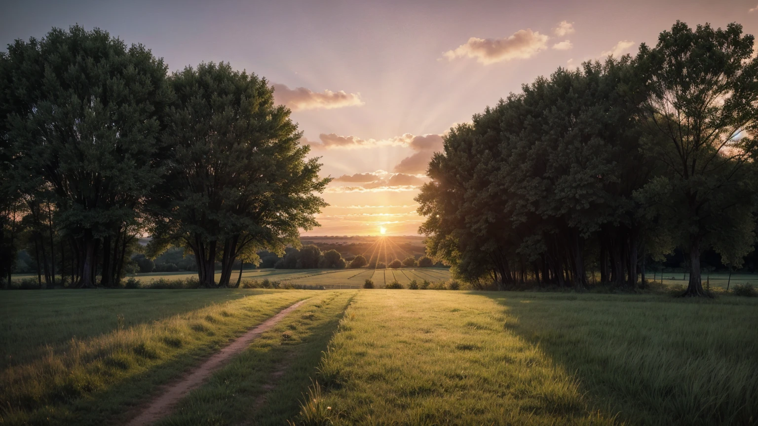 countryside, sunset, plain, trees, realist