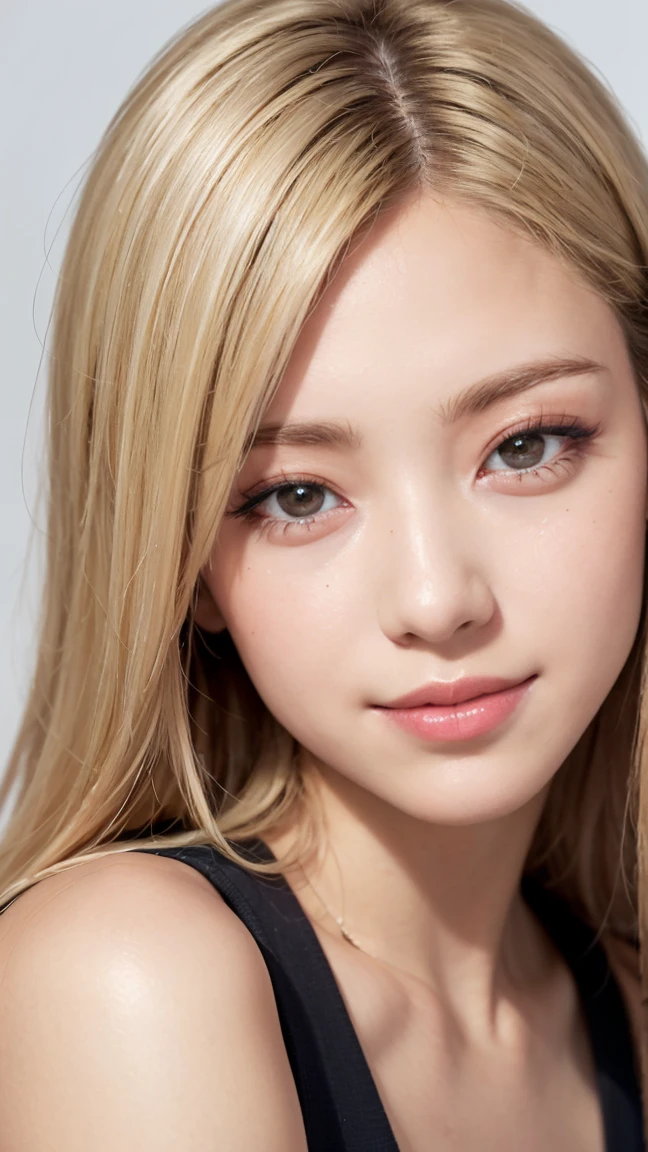 Realistic, masterpiece, Highest quality, Highest Resolution, Japanese , , Upper body photo, She narrowed her eyes.、Look at me with a shy smile, Laughing with your mouth open, Beautiful and detailed eye drawing, (Droopy eyes:1.3), Iris, Thin eyebrows, Draw eyelashes carefully, Small teeth visible, Gal Makeup, (Blonde, Medium Hair, middle part:1.3), (Hidden eyelid wrinkles:1.3), He's wearing a neat white button-up shirt.., She is wearing a short, grey, checked pleated skirt., A was photographed diagonally from below, School classroom、Big Breasts、Button-up shirt open