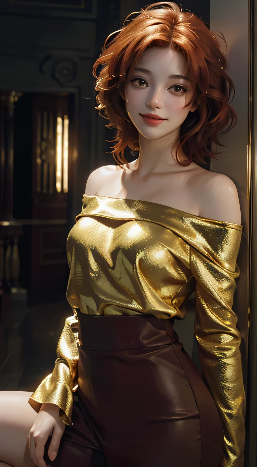 Best Quality, Masterpiece, Ultra High Resolution, (Realisticity: 1.4), Original Photo, 1girl, gold Off-the-Shoulder, Cinematic Lighting,light smile,red hair