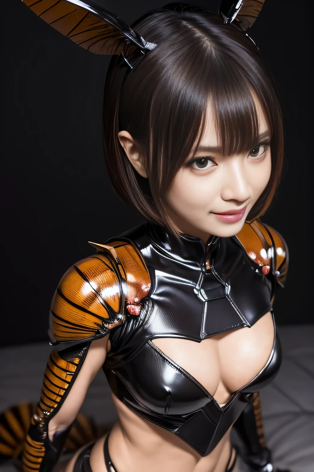 masterpiece、Highest quality、Highly detailed CG、Great details、High resolution、8K Wallpaper、All the intricacies、Super detailed、Super Shining、Oily luster、monster girl、Cockroach and woman fusion、Female cockroach forms、Cockroach woman、Fusion、Acting alone、gal、Perfect female ratio、Wicked Smile、cute、anime face、Antennae of cockroaches、特にOily luster、muscular、Cockroach and exoskeleton suit fusion、Mahogany colored dark skin、Short Hair、bionde、Purple streak hair、crustacean、arthropod、Enemy hideout style background、Background of the evil organization style