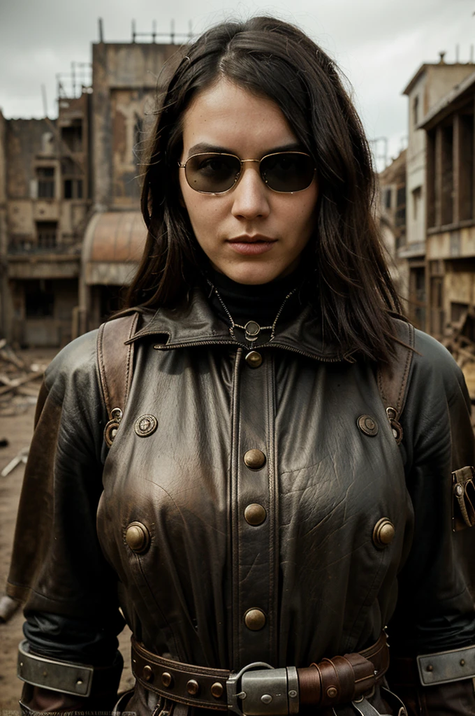 ambiente steampunk, dramatic art, estilo de arte dieselpunk, apocalyptic road warrior vibe, a girl wearing beautiful mirrored sunglasses that reflects everything around her, arte digital surrealista, Mad Max inspirado, heavy metal artwork, simetria da face cromada, arte steampunk digital, no estilo Mad Max, metal art, not art style by Filip Hodas, arte digital steampunk, dieselpunk, em um mundo hightech