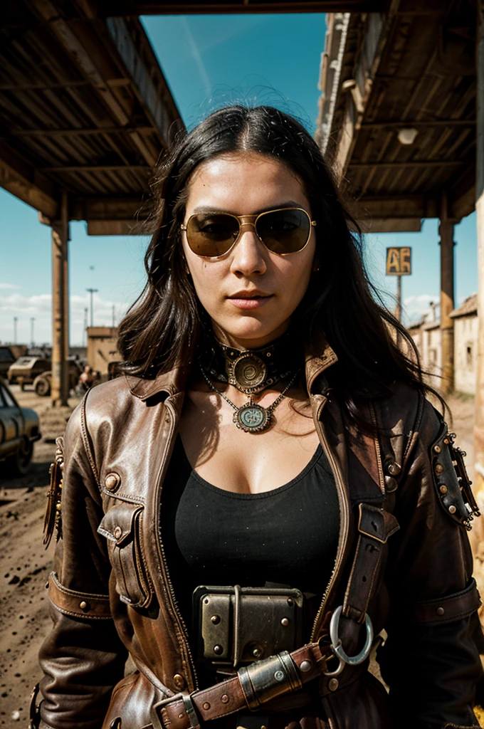 ambiente steampunk, dramatic art, estilo de arte dieselpunk, apocalyptic road warrior vibe, a girl wearing beautiful mirrored sunglasses that reflects everything around her, arte digital surrealista, Mad Max inspirado, heavy metal artwork, simetria da face cromada, arte steampunk digital, no estilo Mad Max, metal art, not art style by Filip Hodas, arte digital steampunk, dieselpunk, em um mundo hightech