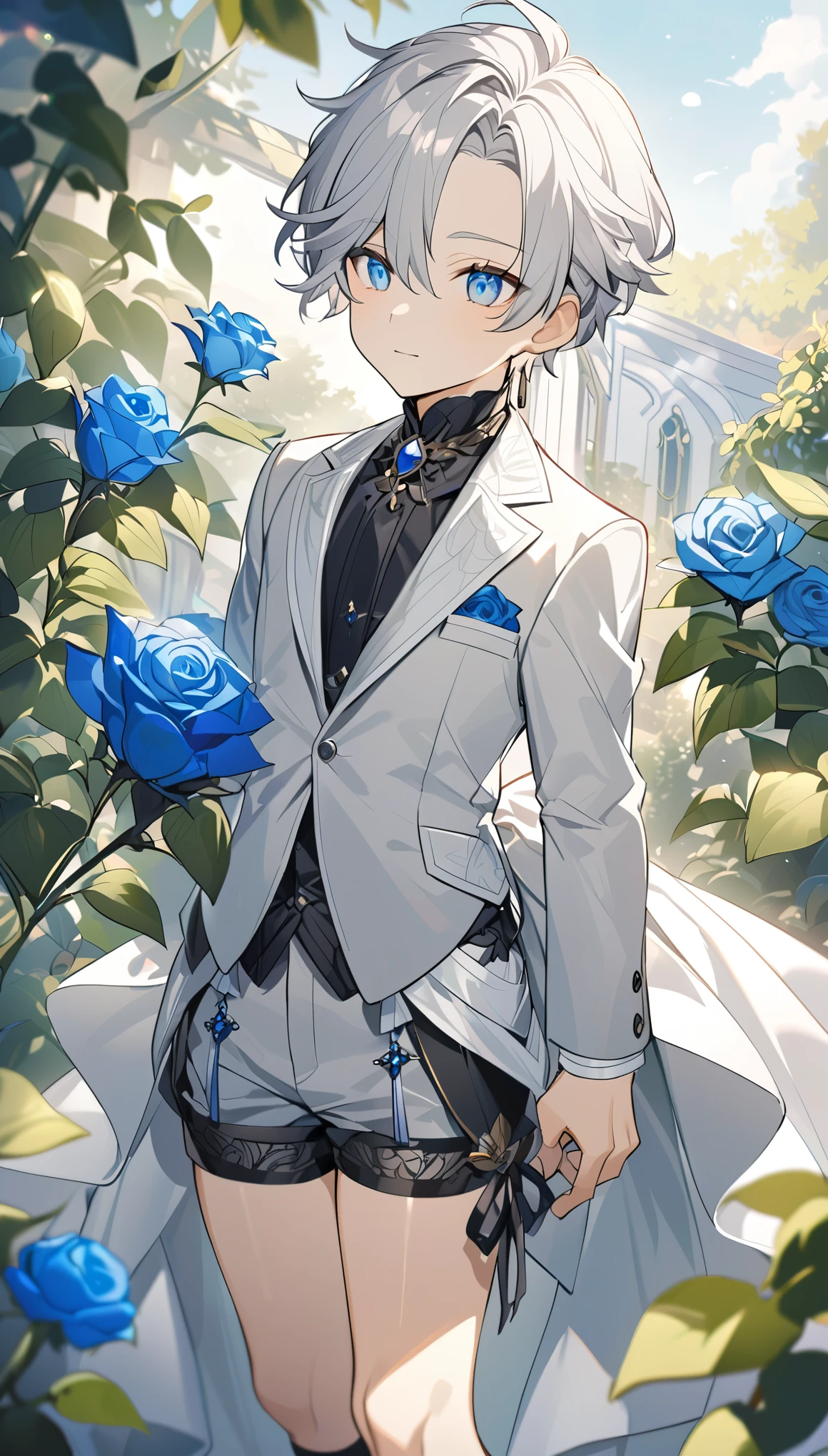 Handsome,very beautiful,1 ,young,alone,white short hair,blue eyes,black shirt,Luxurious white blazer,((Gray suit shorts)),black garters,((blue Rose)),White satin ribbon clothing decoration,Exquisite clothing details,Calm expression,Holy,Goethe-style,garden