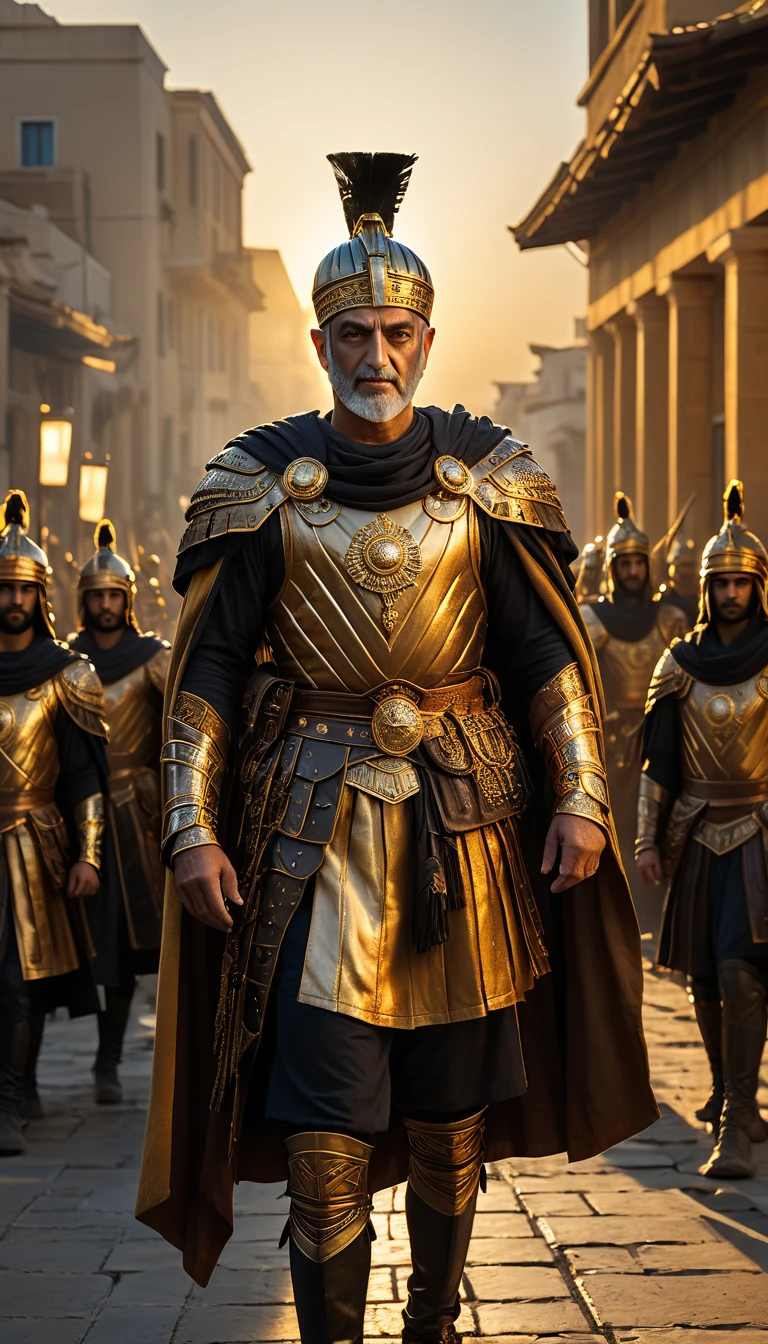 The warm golden hues of the sun illuminated her ornate attire., casting a warm glow across the area, ground level shooting, Selfie of King Xerxes with his army after the defeat of Greece, darkness background, hyperrealisti, ultra detailed hyperrealisti, photorrealistic, studio lighting, reflections, dynamic pose, cinematic, Color grading, fot, Shot with a 50mm lens, Ultra-wide angle, Depth of field, 超detailded, beautifully color-graded, 8K,