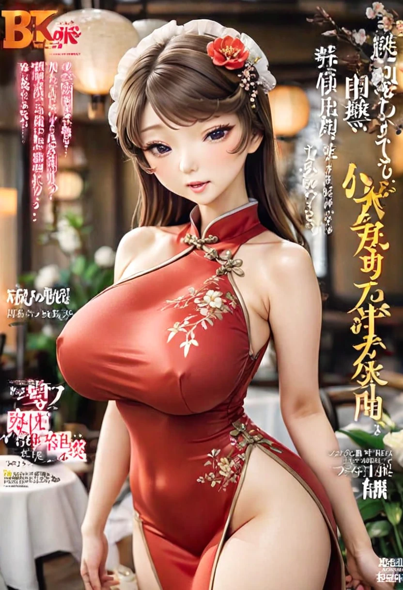 Magazine cover(masterpiece, best quality:1.2),woman,(((The eyes are delicate)))Flowers flying((Red cheongsam)),(8K)(HD)