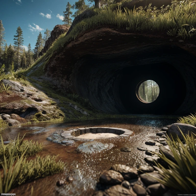 photorealistic shot of natural terrain with digged living hole, masterpiece, ultra high res, (photorealistic:1.4), cinema lighting, insanely detailed, hyper realistic, intricate design, fine details, octane render
