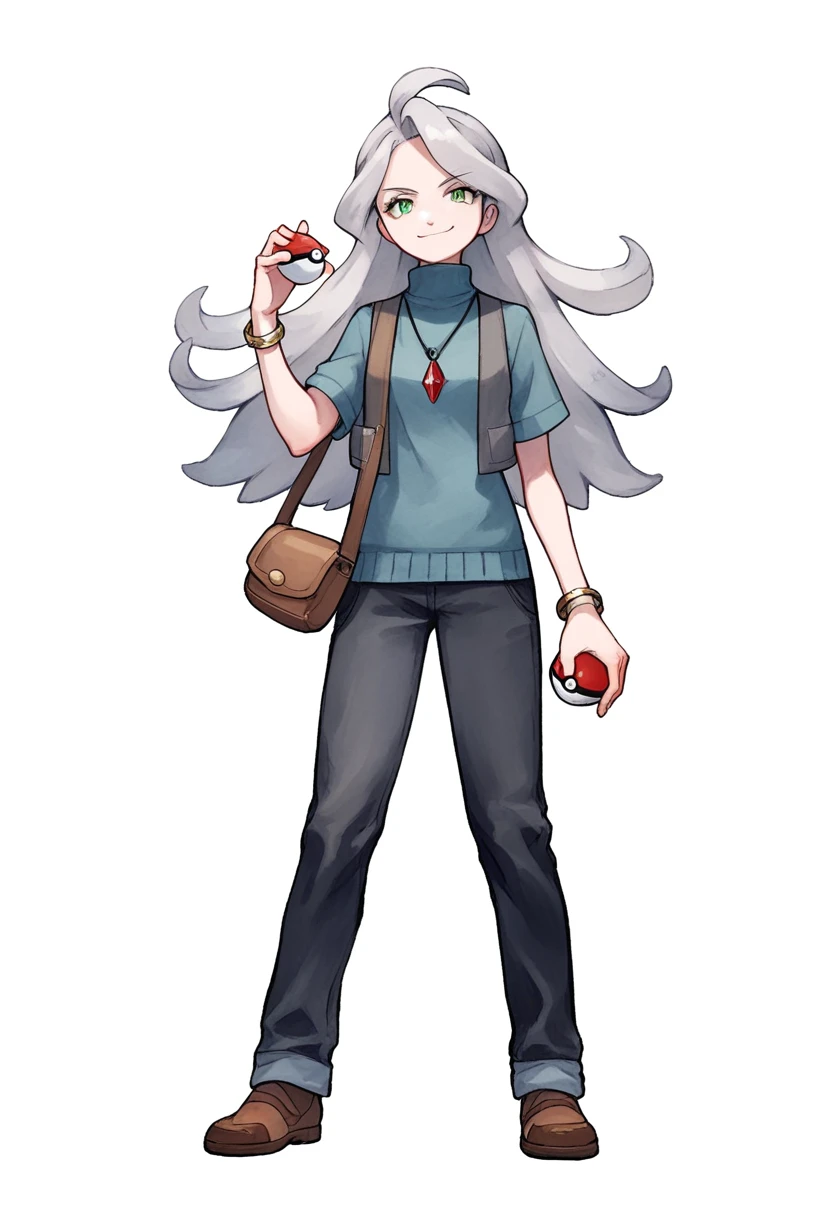 ((((white background)))), simple background, watercolor, 1 girl, standing, long hair, silver hair, light skin, smug green eyes, front view, a gray vest, under blue sweater, black pants, bracelets, brown shoe, holding a pokeball, score_9, score_8_up, score_7_up, pendant, score_6_up, score_5_up, score_4_up, BREAK anime_source, masterpiece