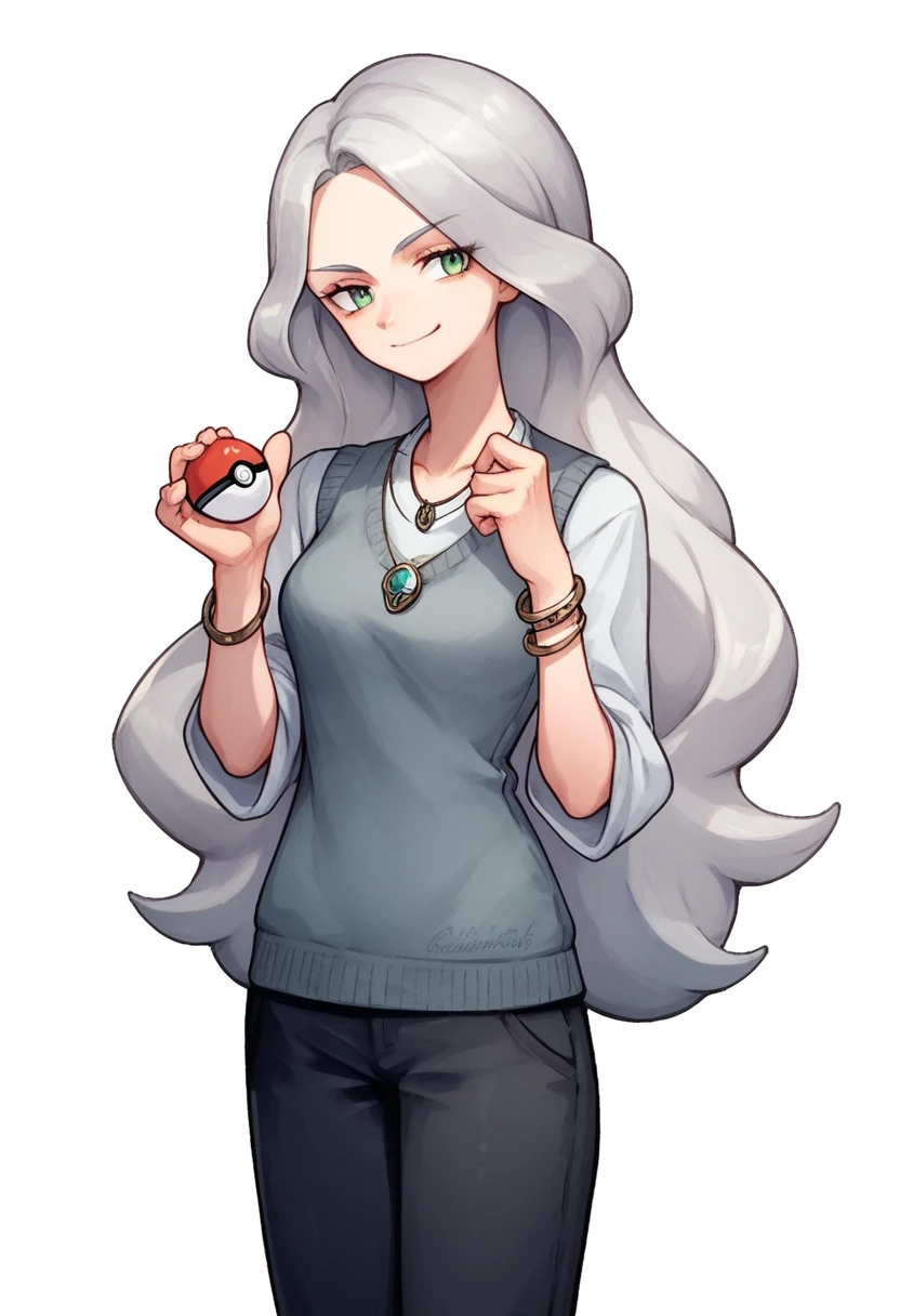 ((((white background)))), simple background, watercolor, 1 girl, standing, long hair, silver hair, light skin, smug green eyes, front view, a gray vest, under blue sweater, black pants, bracelets, brown shoe, holding a pokeball, score_9, score_8_up, score_7_up, pendant, score_6_up, score_5_up, score_4_up, BREAK anime_source, masterpiece