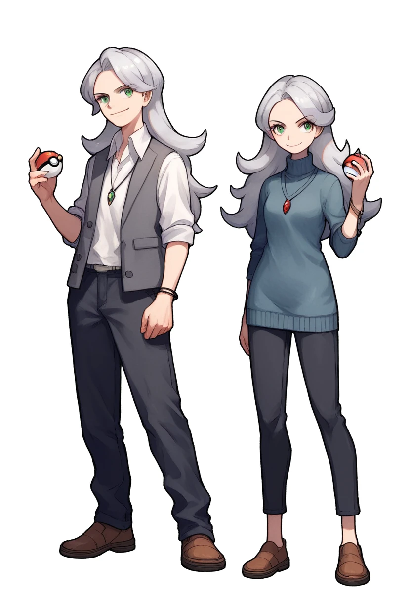 ((((white background)))), simple background, watercolor, 1 girl, standing, long hair, silver hair, light skin, smug green eyes, front view, a gray vest, under blue sweater, black pants, bracelets, brown shoe, holding a pokeball, score_9, score_8_up, score_7_up, pendant, score_6_up, score_5_up, score_4_up, BREAK anime_source, masterpiece