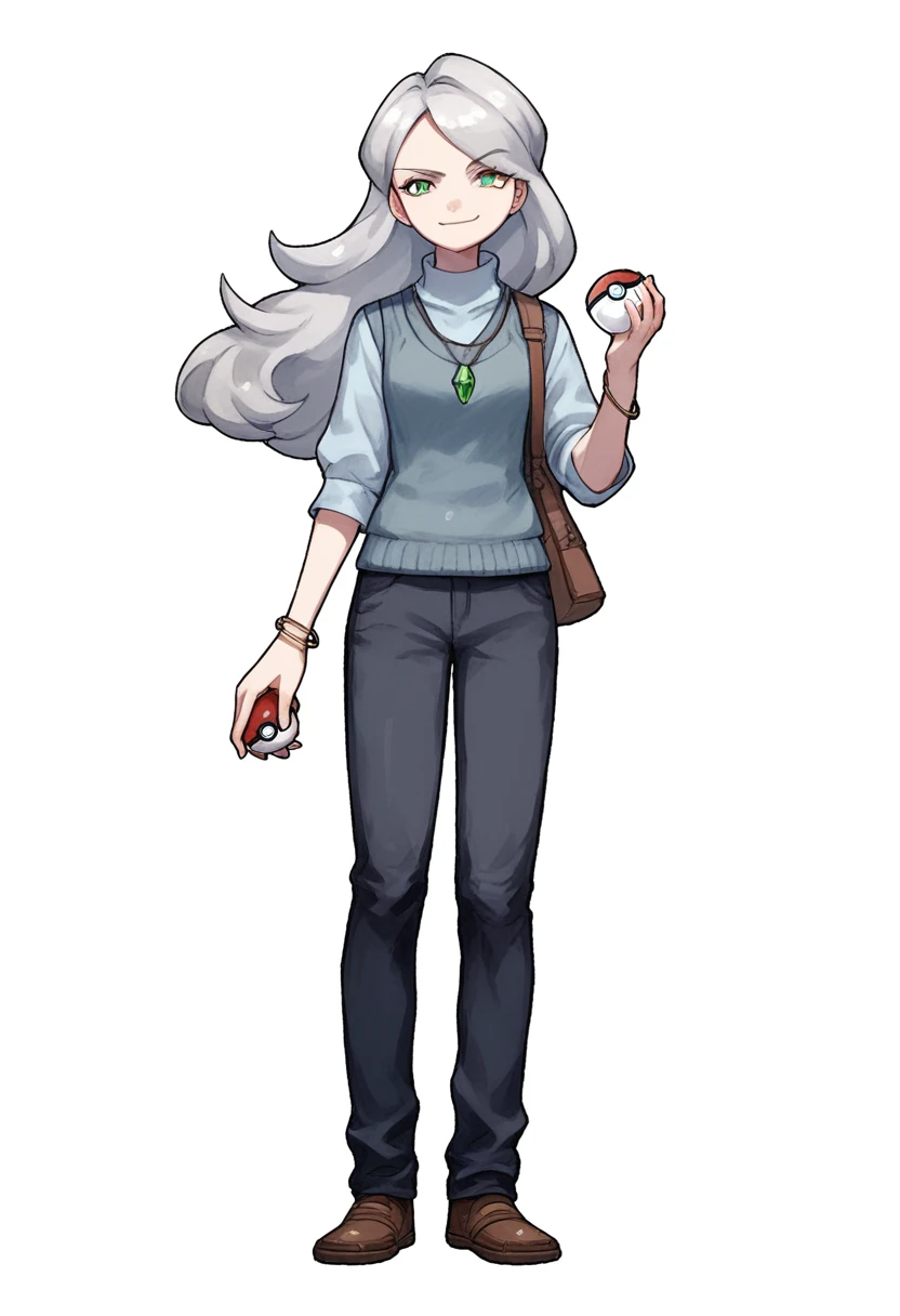 ((((white background)))), simple background, watercolor, 1 girl, standing, long hair, silver hair, light skin, smug green eyes, front view, a gray vest, under blue sweater, black pants, bracelets, brown shoe, holding a pokeball, score_9, score_8_up, score_7_up, pendant, score_6_up, score_5_up, score_4_up, BREAK anime_source, masterpiece