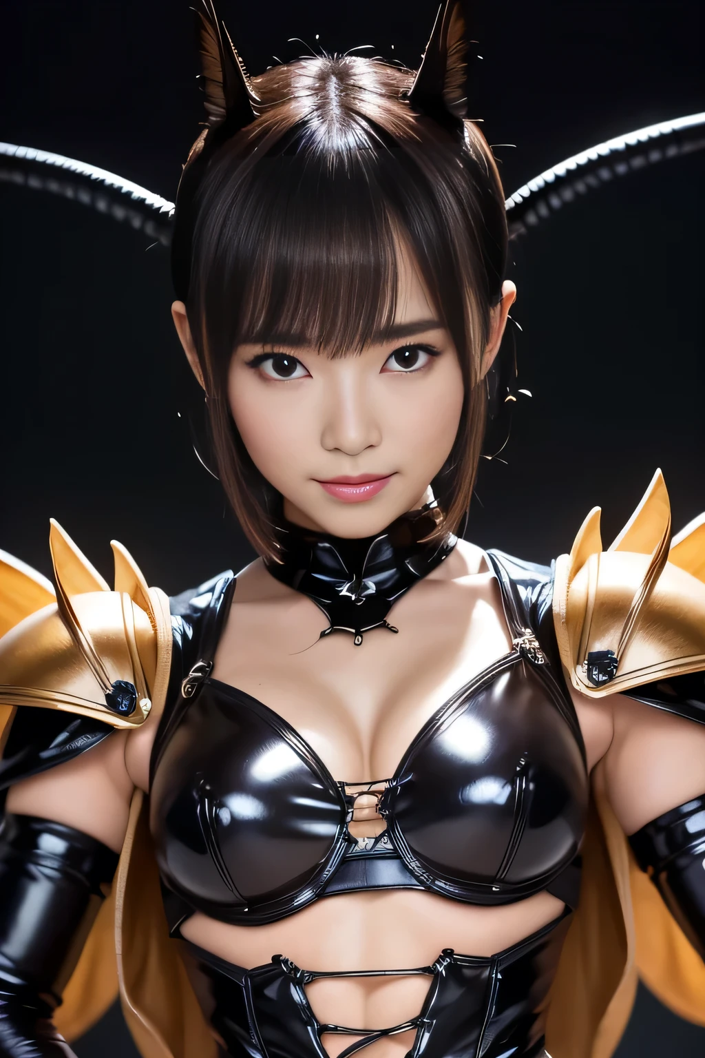masterpiece、Highest quality、Highly detailed CG、Great details、High resolution、8K Wallpaper、All the intricacies、Super detailed、Super Shining、Oily luster、monster girl、Cockroach and woman fusion、Female cockroach forms、Cockroach woman、Fusion、Acting alone、gal、Perfect female ratio、Wicked Smile、cute、anime face、Antennae of cockroaches、特にOily luster、muscular、Cockroach and exoskeleton suit fusion、Mahogany colored dark skin、Short Hair、bionde、Purple streak hair、crustacean、arthropod、Enemy hideout style background、Background of the evil organization style