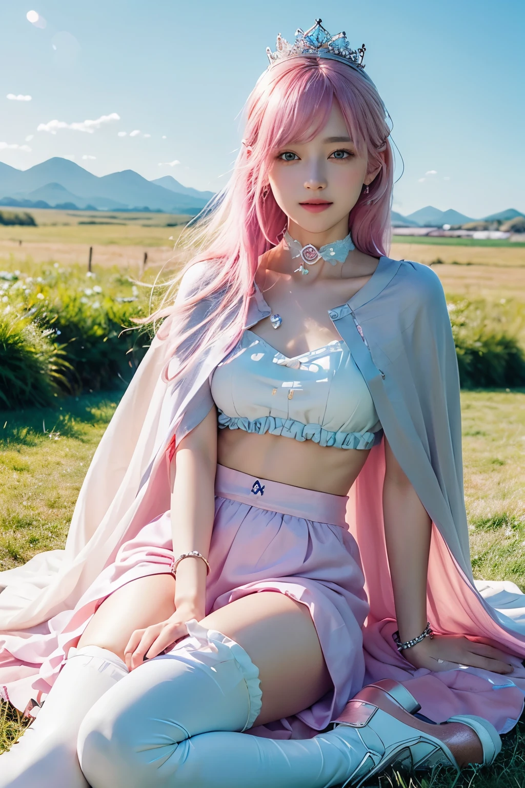 (8K, top-quality, masterpiece:1.2), (reallistic, Photorealsitic:1.37), Super Detail, One girl,), (Highly detailed), (beautifully detailed eyes), (of the highest quality), (super detailed ), (masterpiece), (Detailed face),20yr old, ,1 girl, ((pink hair,long hair)), medium breasts, clothed, Perfect Lighting, BREAK, (pastel blue short cape:1.3), (soft pink lining:1.2), (cream bow tie:1.1), BRAKE, (blouse with piping:1.2), (rose embroidery:1.1), (organza overlace:1.2), (light brown linen culottes:1.3), (blue ribbon:1.1), (cream short boots:1.2), (Polar bear catsuit:1.1), (small crown:1.1), (blue ribbon choker:1.1), (polar bear motif bracelet:1.1), BRAKE, (upper body to thighs:1.2), (long pink hair:1.2), (smile:1.2), (sitting a polar bear :1.3), (one hand on mane:1.1), (other hand on neck:1.1), (bright sky and green field:1.2), (lighting from left:1.2),