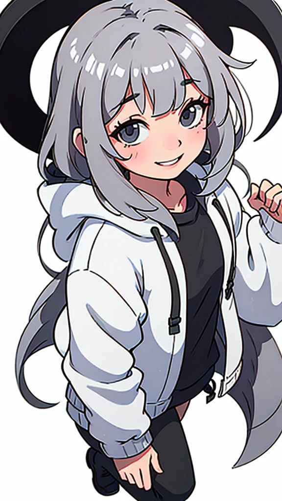 Cute girl wearing an oversized grey hoodie smiling shyly. White background. fullbody. 