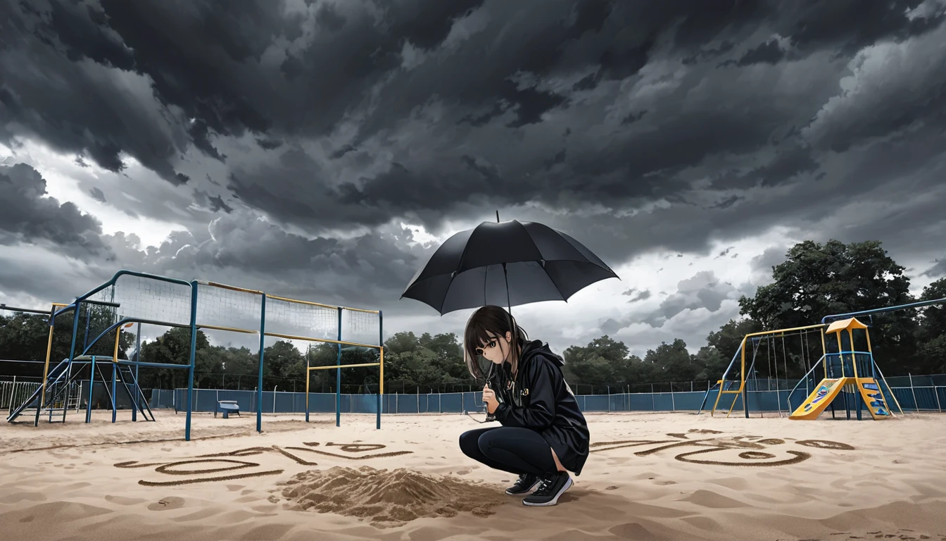 A dark and cloudy day with a sky full of dark clouds. A girl is crouching on the playground, holding an umbrella in one hand and writing i love you in the sand with her other hand.