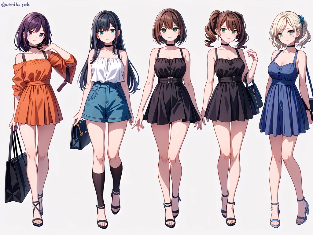 (((Best Quality))) , ((full body)), 4 lady, adult woman, multiple views, white background, variety of hairstyles, variety of fashion styles, seductive pose, fashionable and trendy atmosphere, holding bag, summer outfits, walk pose, dark blue/dark orange/dark green/dark violet/brown/white, short shorts,