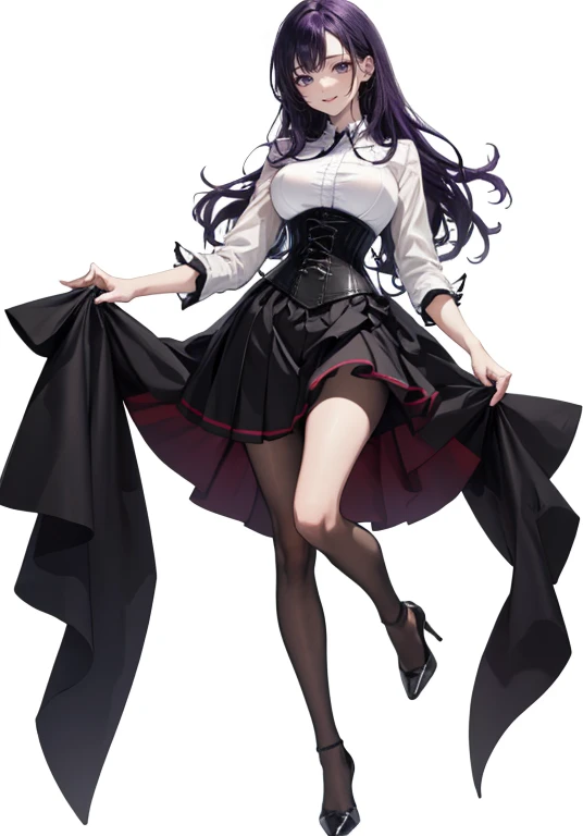 Purple Hair,Long Hair,Adult female,White Y-shirt,((Roll up her sleeves)),((The sleeves of the shirt she is wearing are rolled up)),(corset),(Black tight skirt),(High heels),((Simple white background)),smile,((full body)),((whole body)),