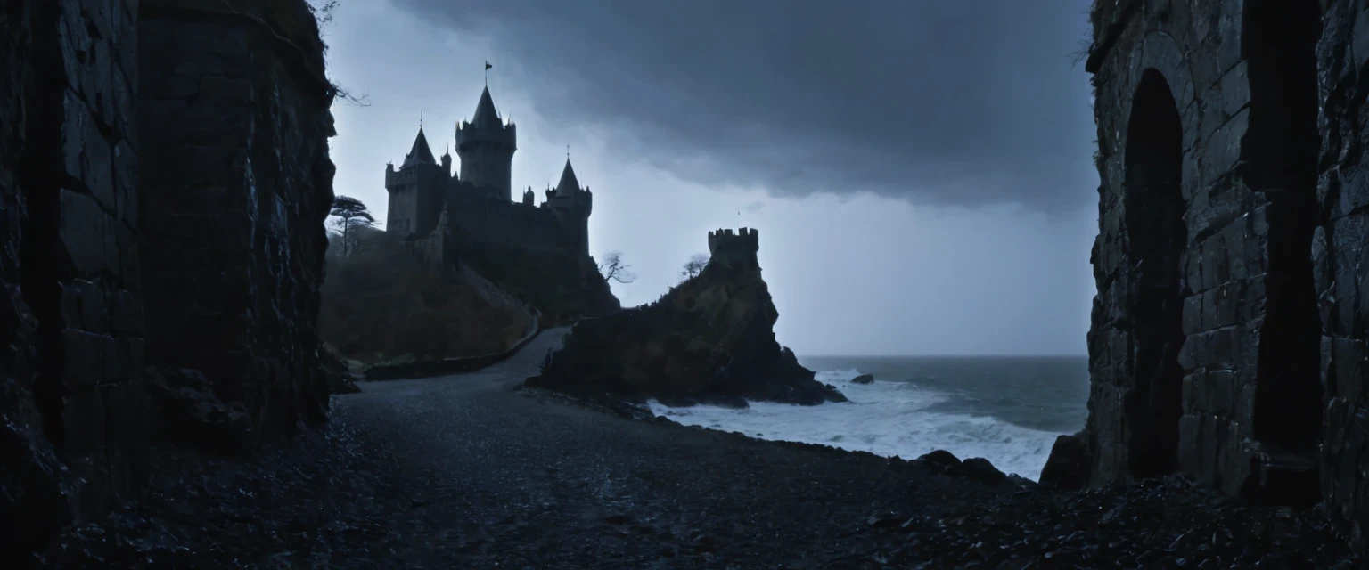 From the distance, The road winds through a desolate and dark landscape, dominated by the influence of the demons that control the continent. The path is lined with twisted trees and eroded rocks that seem to whisper stories of ancient times and hidden dangers..

As you get closer, The imposing castle stands majestically on a cliff that plunges into the raging sea. The waves break against the rocks with fury, as if they were trying to challenge the presence of the castle and its formidable owner, the demon queen. The castle itself is a dark, gothic fortress, with tall towers rising into the stormy sky.

The castle walls are decorated with infernal motifs and symbols of demonic power, but without a gargoyle in sight. The architecture is austere and functional, reflecting the implacable authority of its owner. The only entrance to the castle is a solid iron gate, adorned with intricate designs of demonic runes that appear to glow darkly in the moonlight.

The atmosphere around the castle is infused with an aura of power and danger., where the whisper of the wind seems to carry echoes of demonic intrigue and dark desires.