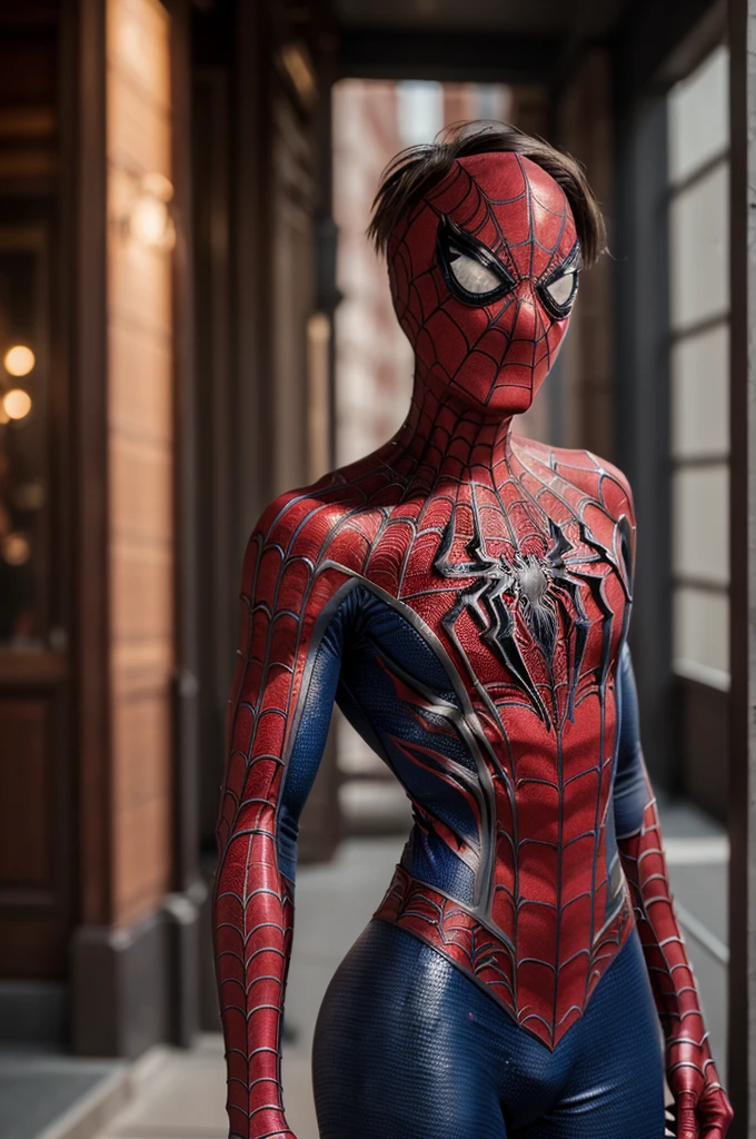 ((masterpiece)), highest quality, Highly detailed face, Ultra-high resolution, (photoRealistic:1.4), wonderful, In detail, Large file size, Correct Exposure, One Man, Slim body, Height: 165cm, (Intricate details), alone, View your viewers, Perfect lighting, Realistic, lips, blush, Shiny skin, Fair skin,Highly detailed face, Beautiful fine details, (Detail Skin:1.2), compensate, Depth of field, (( spideman costume)),whole body, Are standing,A woman's face