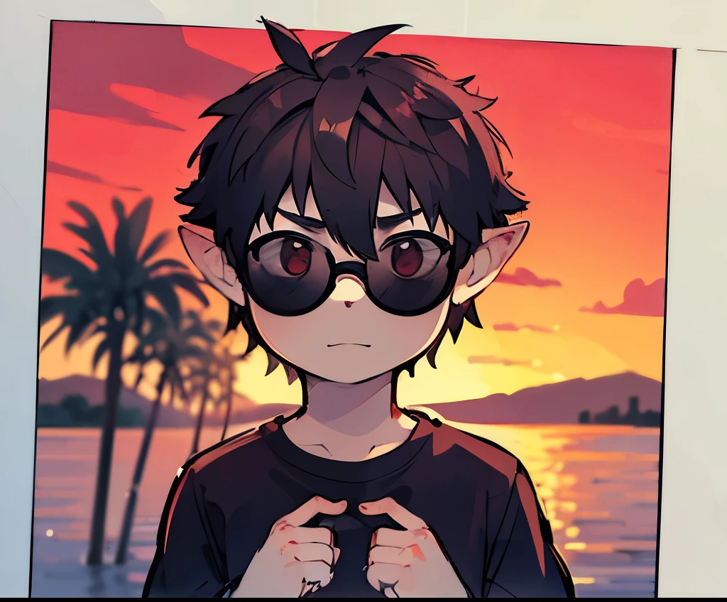 highest quality, sketch, Monochrome, Traditional Media, Pencil drawing high resolution, high definition, 4k, ((masterpiece)), Asian boy, cute boy, red eyes, ((black sunglasses)), elf ear, sunset background, black shirt, good anatomy,