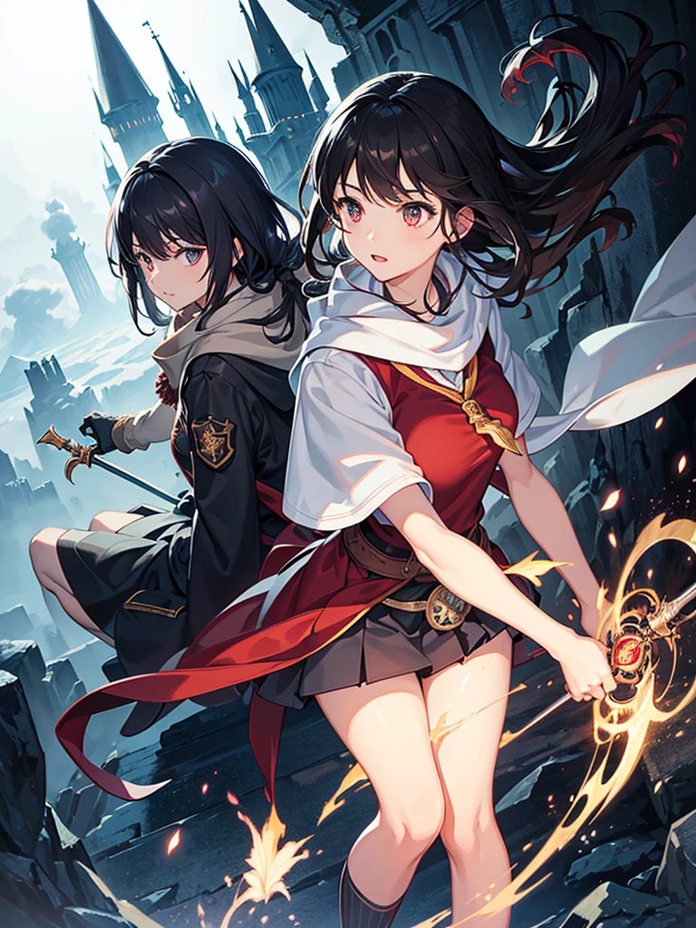 Himecut, large breast, Hogwarts, mechanical right leg,mechanical left arm, Hogwarts school clothes, griffindor, hand hold magic wand, harry Potter, scarfs griffindor, black hair, long tail hair,