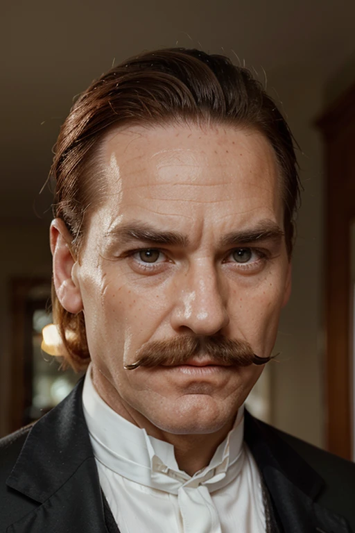 Scottish grandfather, slicked back hair red hair, orange bushy eyebrows, amber eyes, freckles on the cheeks, mustache and dressed in elegant Victorian clothing