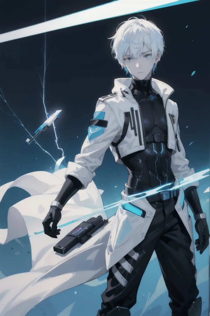 A -yeld teith an albino skin tone. He is an engineer and artificer, without facial or body hair. His hair is short and straight, colored white. The boy is wearing a futuristic cyberpunk in black and blue, futuristic style clothes, adorned with white lightning patterns. He is surrounded by an aura of white lightning, with a background featuring a scenery of rapid lightning and thunder. Thunder powers.