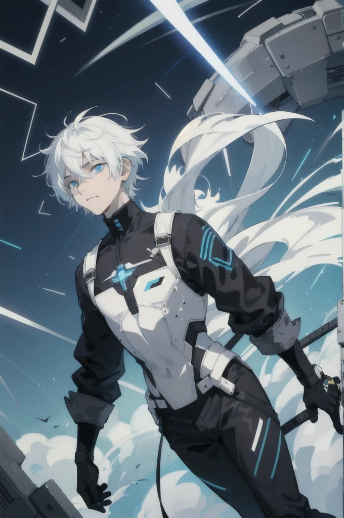 A 15-year-old teenage boy with an albino skin tone. He is an engineer and artificer, without facial or body hair. His hair is short and straight, colored white. The boy is wearing a futuristic cyberpunk in black and blue, futuristic style clothes, adorned with white lightning patterns. He is surrounded by an aura of white lightning, with a background featuring a scenery of rapid lightning and thunder. Thunder powers.