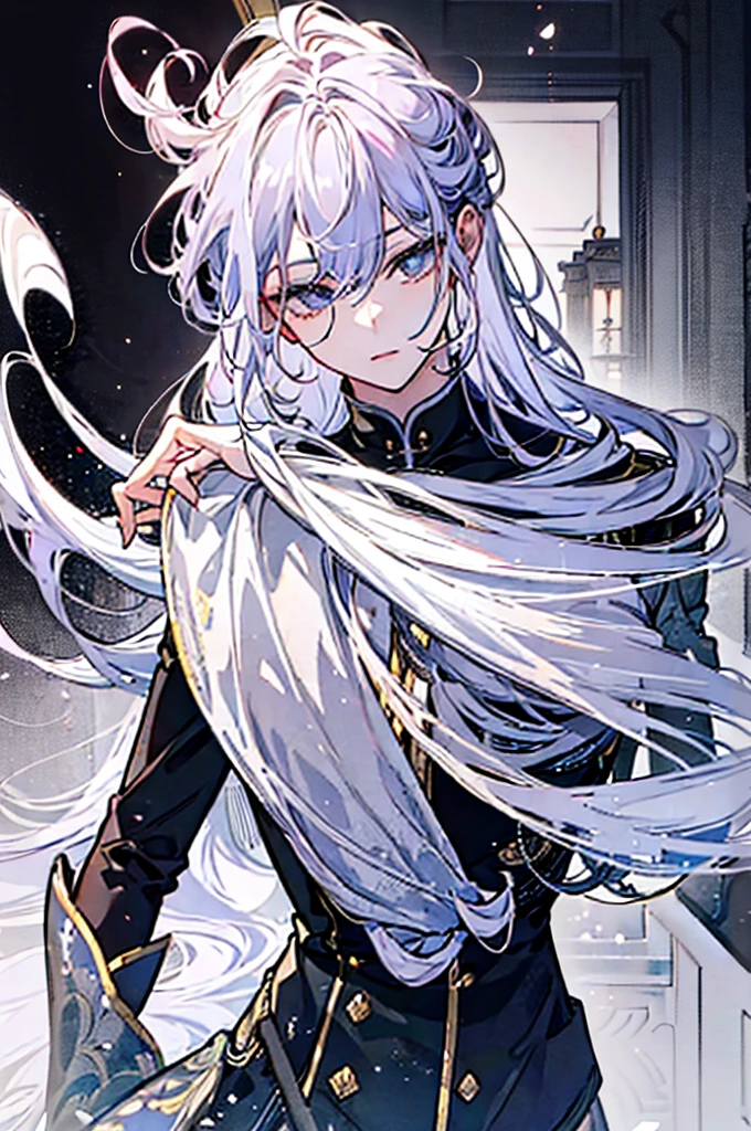 1male, Best quality,masterpiece,a high resolution,Adult male, (Messy Pearly Silver hair), dusty lilac color eye,elegant features, academy uniform,black pants, gorgeous accessories,coquettish,gentle, seductive, the background is a academy,human race,smiling, face portrait