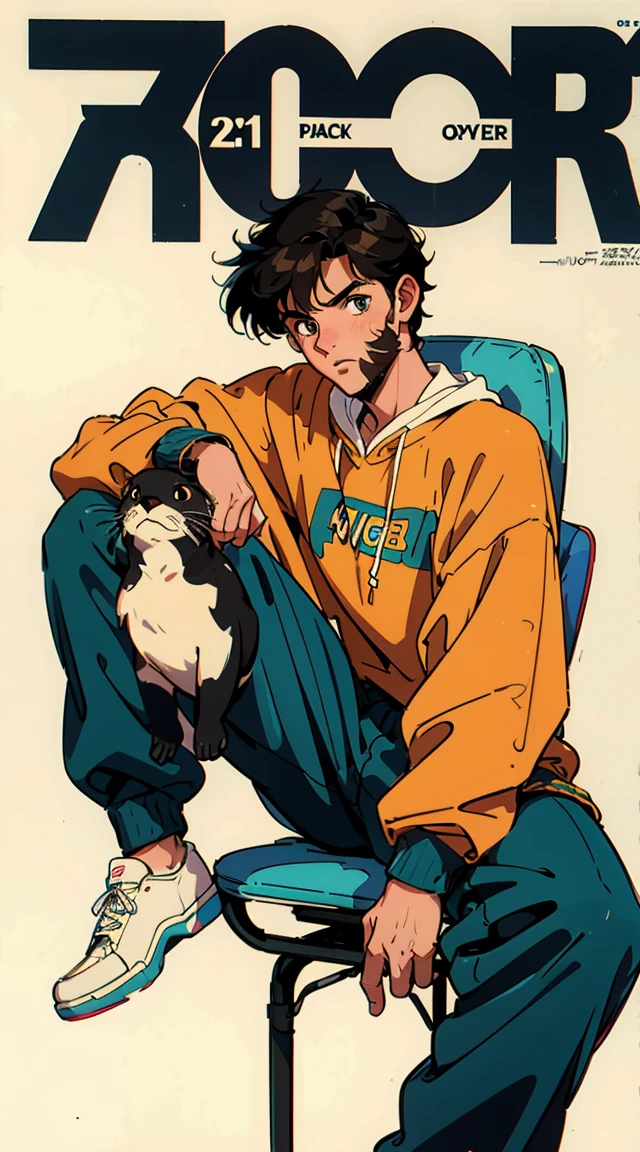 Best image quality, 1980s style animation, 21 year old guy, black hair, light brown eyes, With a baggy sweatshirt with an otter on it, white background, magazine cover, whole body , sit on a chair , posing 