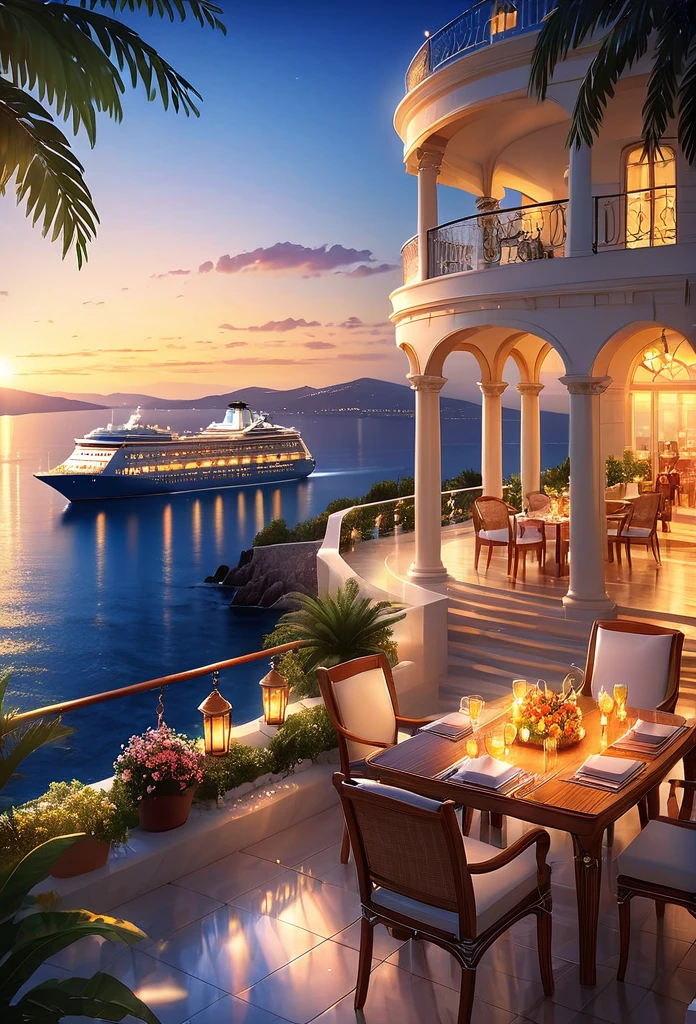Cruise ship arrives at Greek port.It is a comfortable and relaxing resort...Gorgeous and elegant mansion hotel.The modern and beautiful city with a distant view is a famous holiday destination.Beautiful beach with sea views.Outdoor swimming pool.Cool glasses filled with iced carbonated drinks and delicate fruits on the table, The lights are dazzling at night, Sea view in the distance, Palm and coconut groves in the distance, Romantic and beautiful environment, optimistic matte, Beautiful digital artwork, Cozy café, Beautiful and detailed scenes, Relaxation concept art, 8k high quality detailed art, 4k highly detailed digital art, Highly detailed scenes(night scene.warm light)(best quality,4K,8k,high resolution,masterpiece:1.2),Super detailed,(actual,photoactual,photo-actual:1.37),bokeh background, and text the successful life