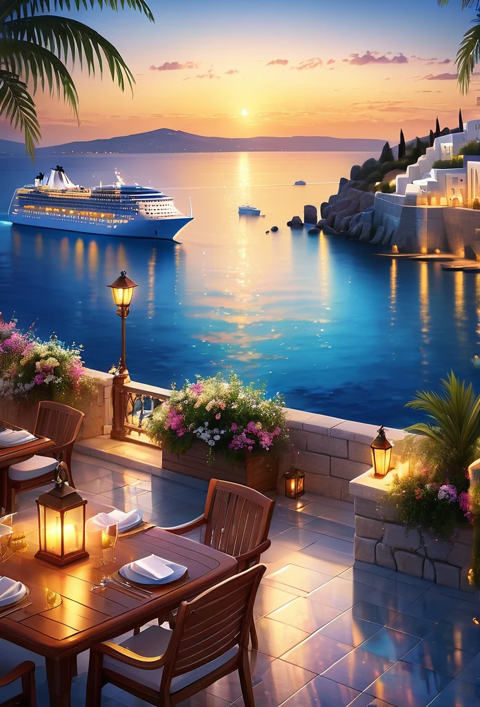 Cruise ship arrives at Greek port.It is a comfortable and relaxing resort...Gorgeous and elegant mansion hotel.The modern and beautiful city with a distant view is a famous holiday destination.Beautiful beach with sea views.Outdoor swimming pool.Cool glasses filled with iced carbonated drinks and delicate fruits on the table, The lights are dazzling at night, Sea view in the distance, Palm and coconut groves in the distance, Romantic and beautiful environment, optimistic matte, Beautiful digital artwork, Cozy café, Beautiful and detailed scenes, Relaxation concept art, 8k high quality detailed art, 4k highly detailed digital art, Highly detailed scenes(night scene.warm light)(best quality,4K,8k,high resolution,masterpiece:1.2),Super detailed,(actual,photoactual,photo-actual:1.37),bokeh background, and text the successful life