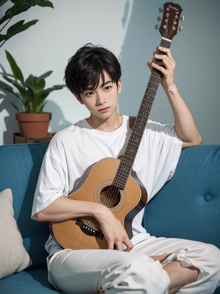 Create images with 8k clarity.,
It's a virtual image., High definition photos,
It is a 180 degree wide viewing angle.,
It is a picture of a 30 year old young man.,
Good looks, white skin, white face,
I am half Thai and half South Korean.,
Keep your hair in a low style.,
Have cute bangs.,
South Korean singer style,
sitting and playing a red acoustic guitar,
At the blue sofa in the modern bedroom.,
pastel tones