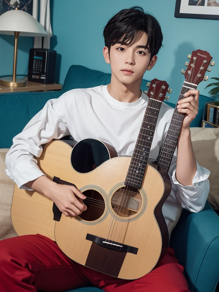 Create images with 8k clarity.,
It's a virtual image., High definition photos,
It is a 180 degree wide viewing angle.,
It is a picture of a 30 year old young man.,
Good looks, white skin, white face,
I am half Thai and half South Korean.,
Keep your hair in a low style.,
Have cute bangs.,
South Korean singer style,
sitting and playing a red acoustic guitar,
At the blue sofa in the modern bedroom.,
pastel tones